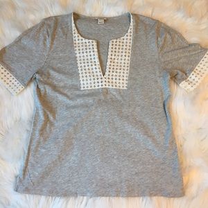 J Crew gray and white trim shirt.